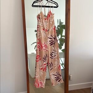 Tropical Print Jumpsuit in Tan and Red Finder Keepers Medium Perfect for Teavel